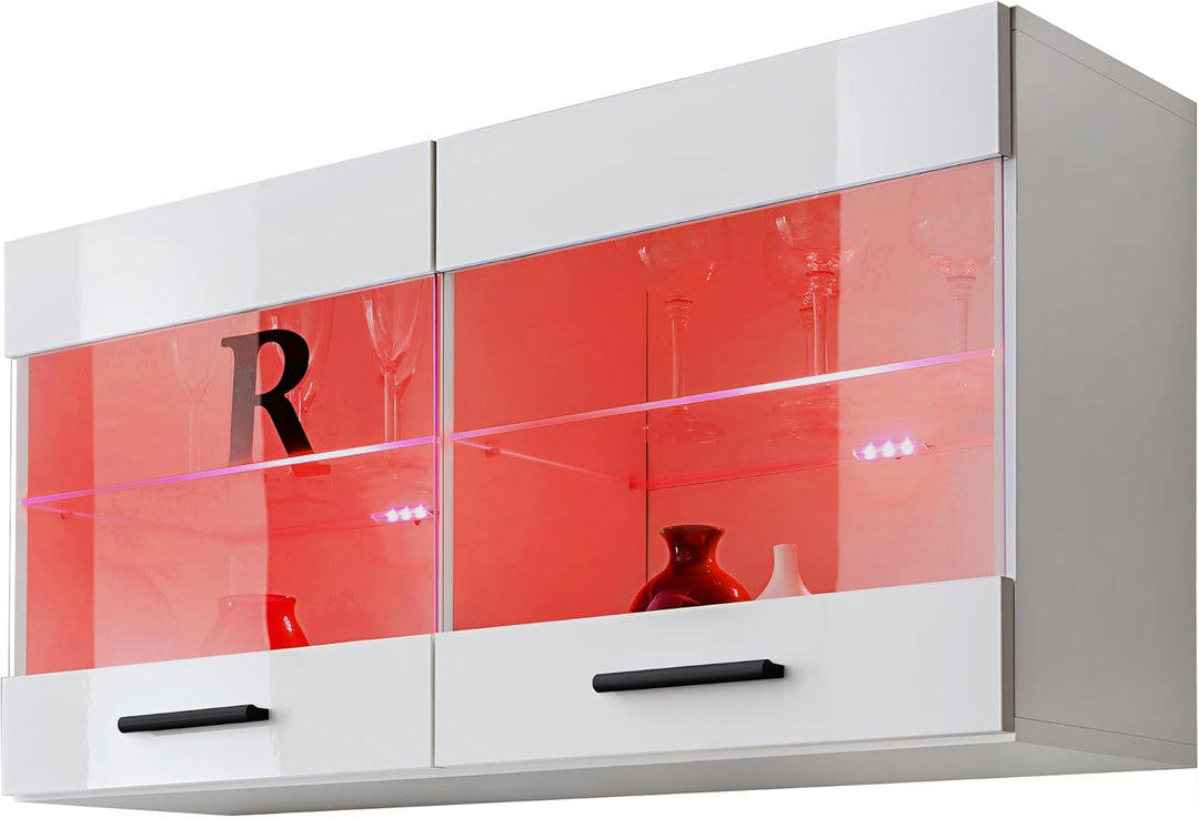Vitrine Schrank Savona, Weiss/Weiss, Breite 100cm x Höhe 50cm x Tiefe 30cm, LED RGB, 2 Glasböden, 2
