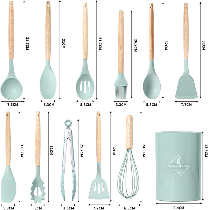 BASVII Küchenhelfer Set Silikon - 12 Stück Küchenutensilien Set aus Silikon und Holzgriffen, Hitzebe