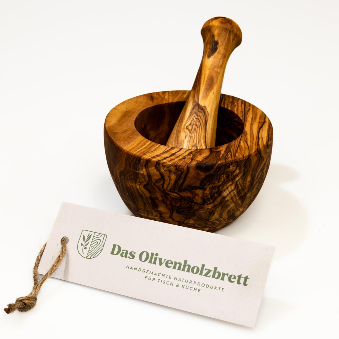 das Olivenholzbrett® Olivenholz Mörser und Stössel glatt/Olivenholzmörser SET/robuster Holzmörser/Ge