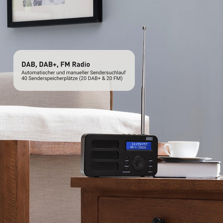 August MB225 - Tragbares Radio mit DAB+ / DAB/FM RDS-Funktion 40 Presets digitaler Radiowecker Stere