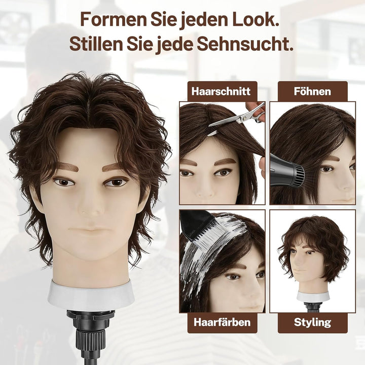 TwoWin 33 cm (13 Zoll) Frisierkopf Echthaar, Mann Friseurkopf Übungskopf 100% echthaar, Trainingskop