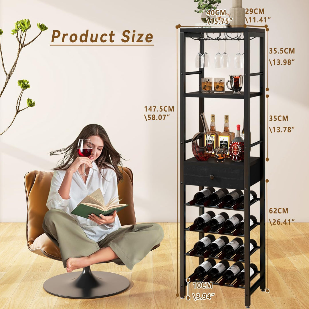 IBUYKE Weinregal, 4-Lagiges Freistehendes Weinregal Mit Glashalter Und Schublade, 16 Flaschenregal C
