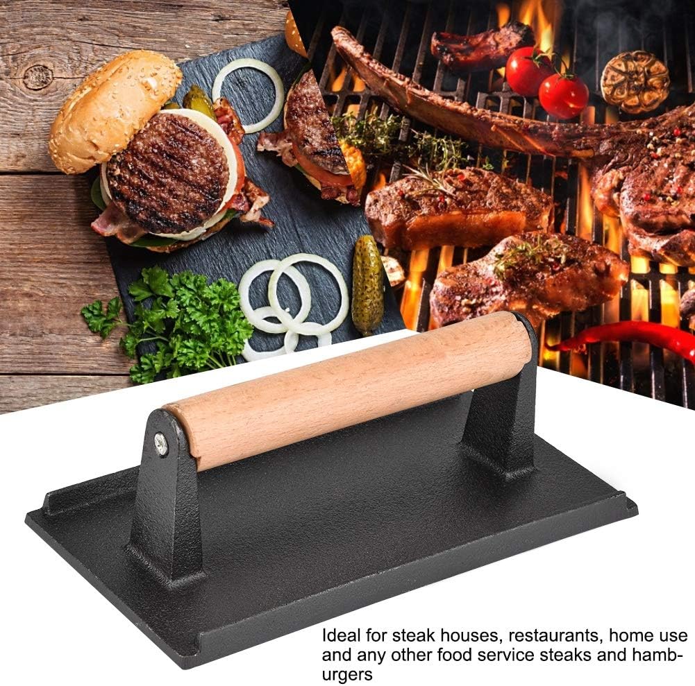 Tomotato Grillpresse Gusseisen Fleischbeschwerer Heavy Duty Steak Beschwerer Speckpresse mit Holzgri