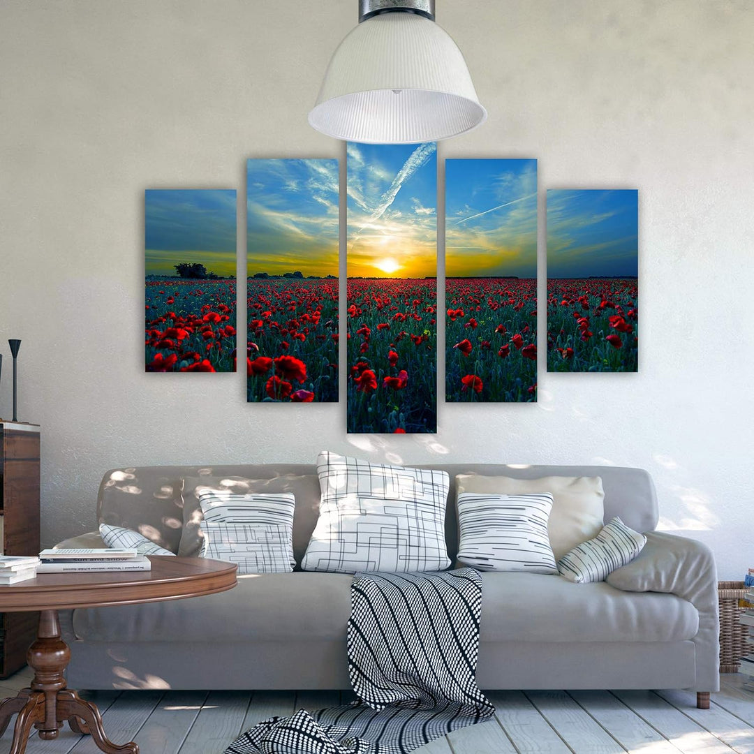 Feeby Bilder Mohnblumen 150x100 cm - Leinwandbild 5 Teilig XXL Kunstdruck Wiese blau Leinwandbild XX