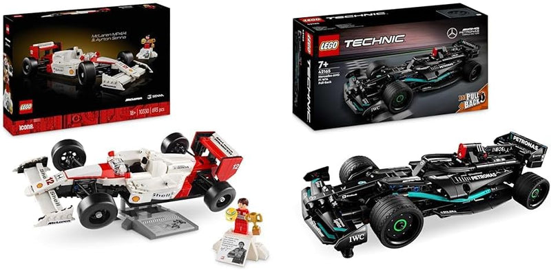 LEGO Icons McLaren MP4/4 & Ayrton Senna Modellauto Set, F1 Rennwagen Bausatz & Technic Mercedes-AMG