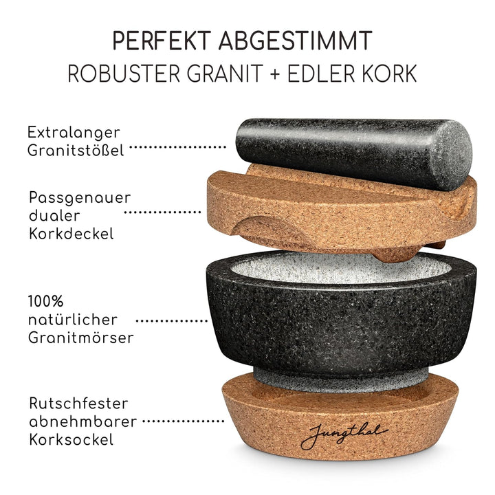 Mörser mit Stössel im Set | Granit | Korkbasis | Korkdeckel | XXL gross für Gewürze & Kräuter