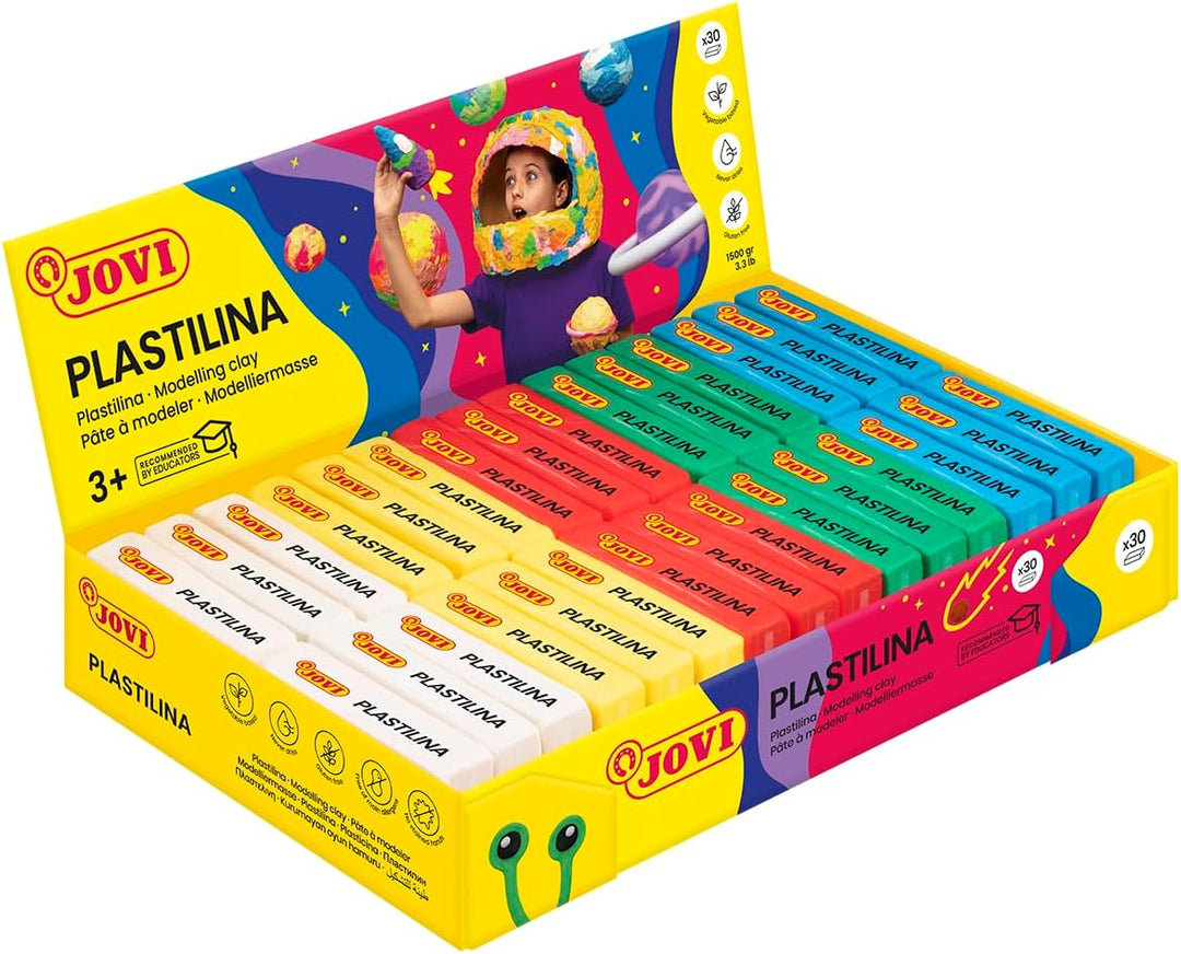 Jovi Plastilin, leicht formbare Modelliermasse für Kinder ab 2 Jahren, 30 Stangen je 50g, Grundfarbe