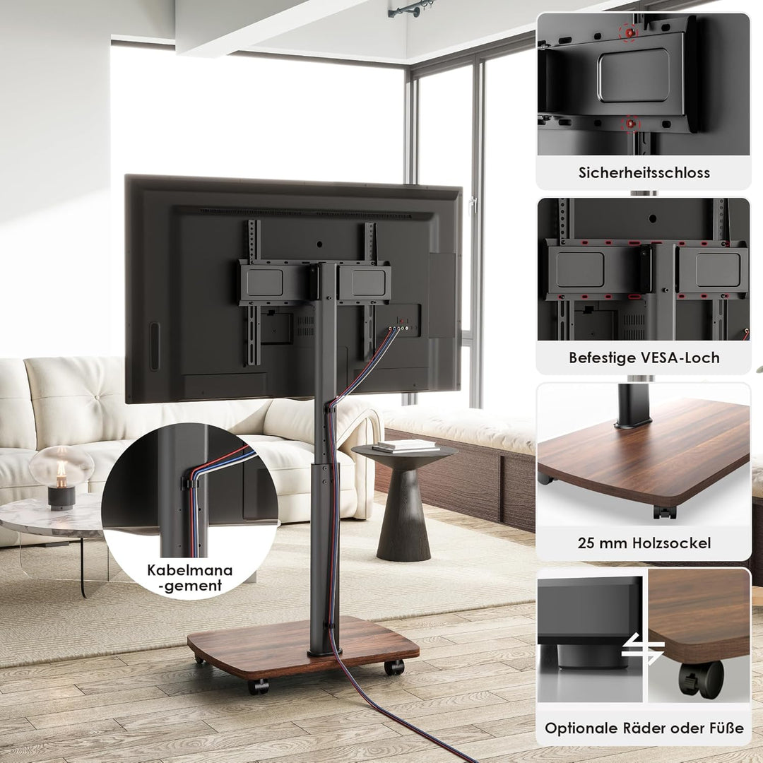 AOKCOS TV Ständer Rollbar mit Holzablage, Fernsehständer auf Rollen für 32-65 Zoll Fernseher, TV Bod