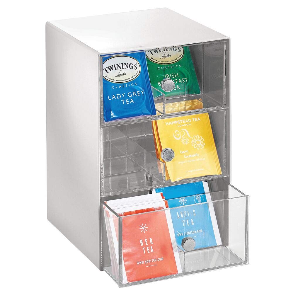 mDesign Küchen Organizer mit 3 Schubladen – Aufbewahrungsbox für Teebeutel, Kaffeepads, Süssungsmitt