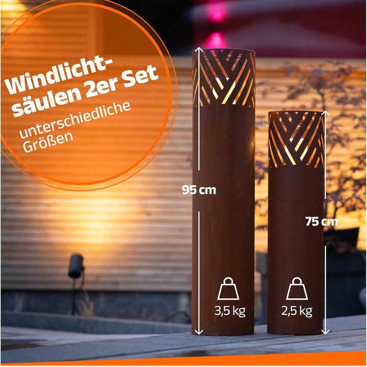 Windlichtsäule I 2er Set I Deko-Säule für Garten im Rost Industrial Design I Garten Windlicht für dr
