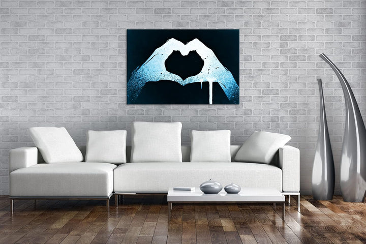 deyoli Zeichnung zwei Hände formen ein Herz Format 80x60 Effekt: Monocrome Blau als Leinwandbild, Mo