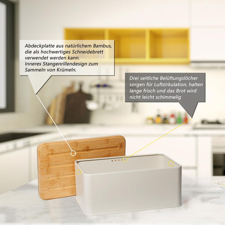 Theo&Cleo Brotkasten mit Schneidebrett , 33x21x15cm , Matte Brotbox mit Bambusdeckel und Leinen Brot