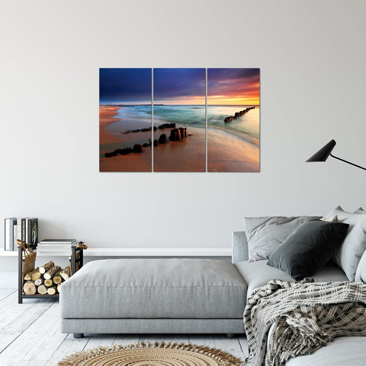 Runa Art Wandbilder Strand Meer Bild XXL Schlafzimmer Wohnzimmer Blau Rosa Welle 120 x 80 cm 3 Teili