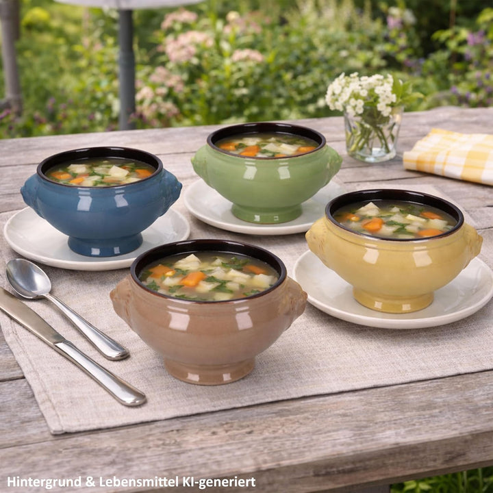 MamboCat 4er Set Löwenkopf Suppentassen I 400ml, 0,4L I je 1x Gelb, Grün, Blau & Braun I Suppenterri