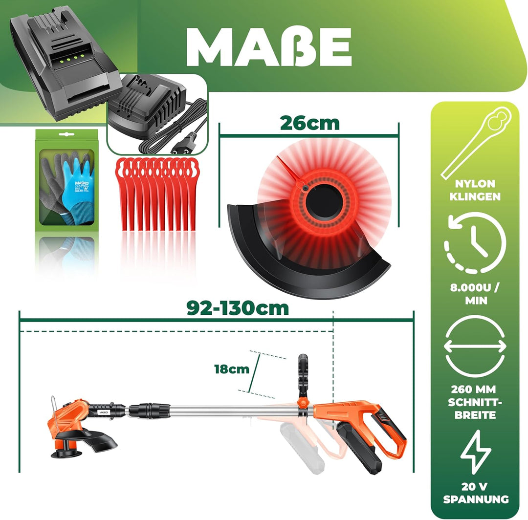 MASKO® Akku-Rasentrimmer mit 20 V Li-Akku, 2,0 Ah Akku und Ladegerät, Motorsense 26 cm Schnittkreis,