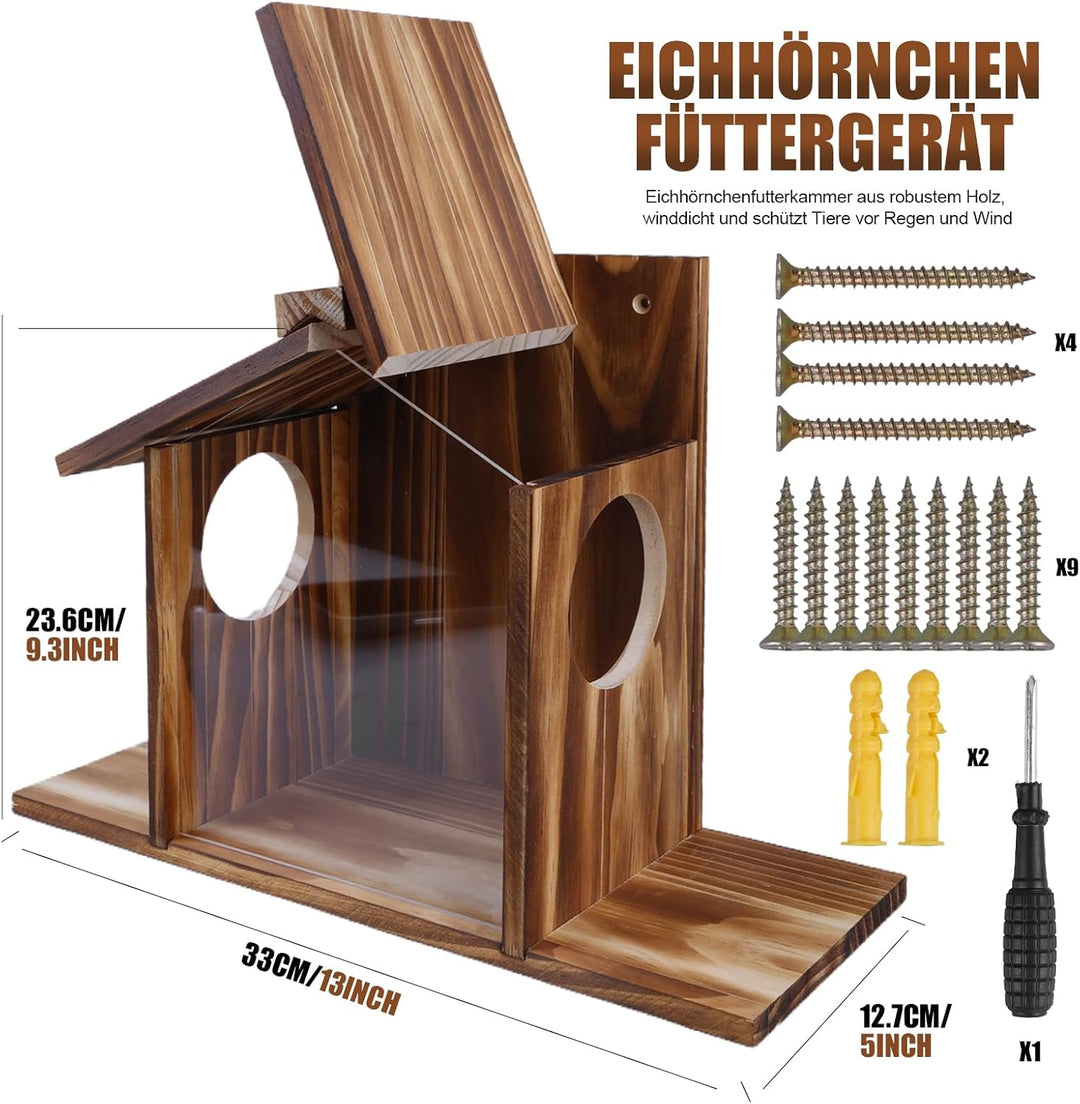 Eichhörnchen Futterhaus Wetterfest aus Holz – Robust Eichhörnchen Haus mit Leinöl-Beschichtung, Belü