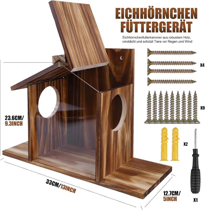 Eichhörnchen Futterhaus Wetterfest aus Holz – Robust Eichhörnchen Haus mit Leinöl-Beschichtung, Belü