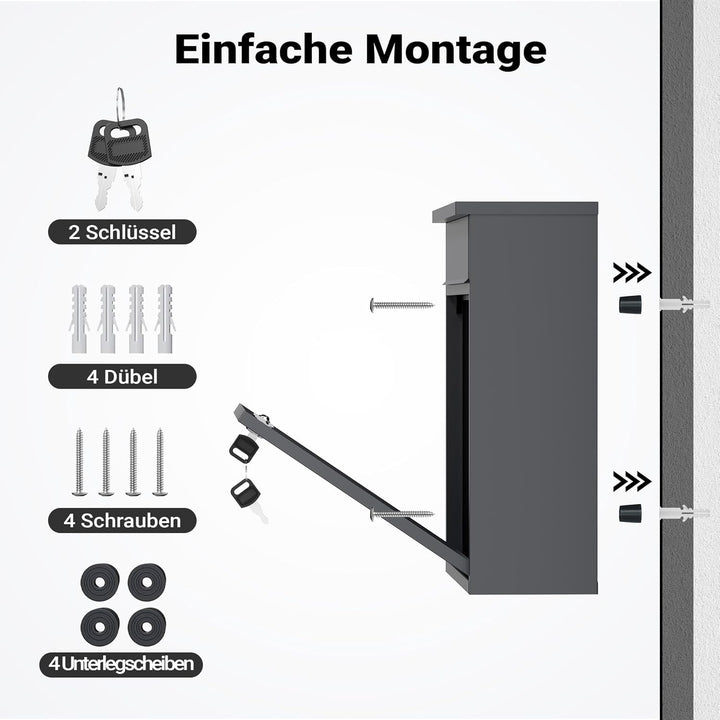 Wiltec Briefkasten V13 Anthrazit 360 x 105 x 315 mm, Wandbriefkasten mit Schloss und Klappe, Postkas