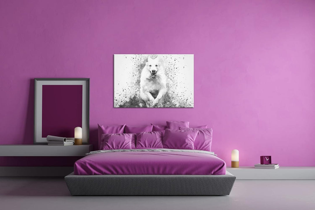 deyoli spielender Hund Format: 100x70 Effekt: Schwarz&Weiss als Leinwandbild, Motiv fertig gerahmt a