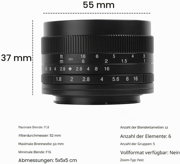 7artisans 50mm F1.8 APS-C Manuelle Fixed Objektiv für Sony E-Mount spiegellose Kamera wie Sony A6500