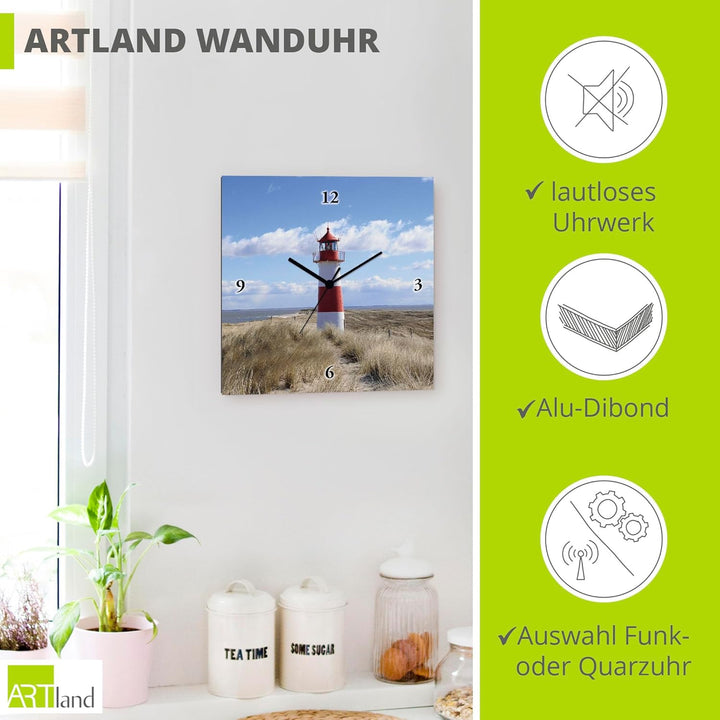 ARTLAND Wanduhr ohne Tickgeräusche Alu Quarzuhr 30x30 cm Quadratisch Lautlos Strand Meer Leuchtturm