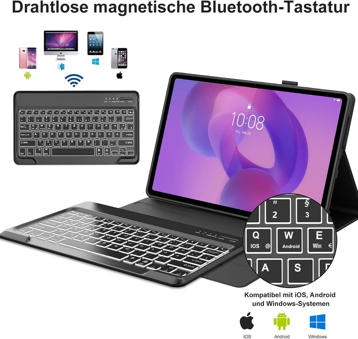 Hülle mit Tastatur für Lenovo Idea Tab Plus 12,1" 2025, 7 Farbige Beleuchtung, Bluetooth Abnehmbare