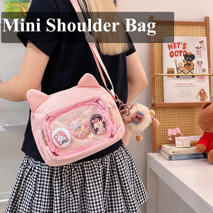 Kleine Ita Messenger Tasche für Damen, Kawaii Crossbody Tasche mit transparentem Pins Display-Fenste