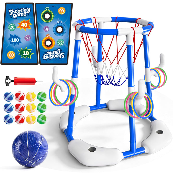 Sitodier Pool-Basketballkorb, 4-in-1-Schwimmkorb mit Ringen, Wurfspiel und haftenden Bällen für Fami