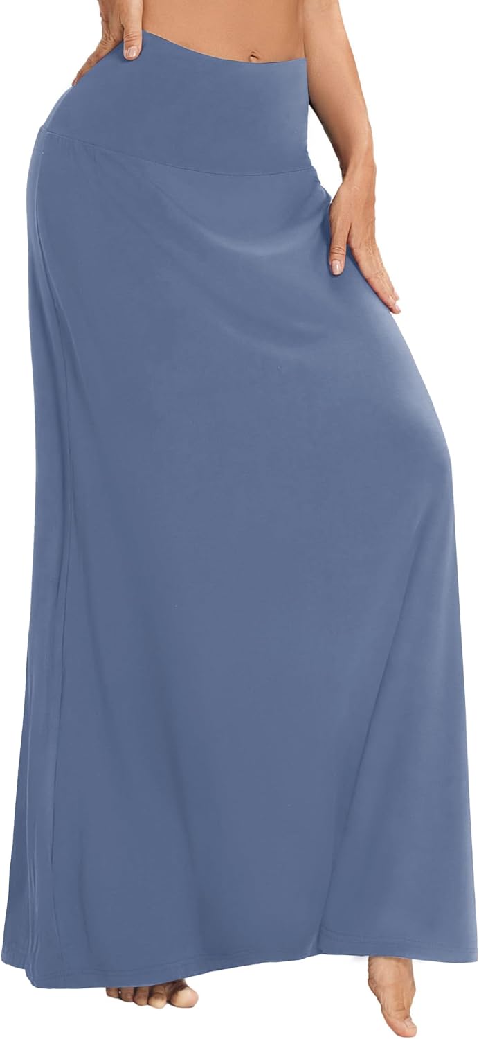 Damen Sommer Hohe Taille Boho Yoga Maxi Rock Elastisch Pull On Lang Röcke S Graublau, S Graublau