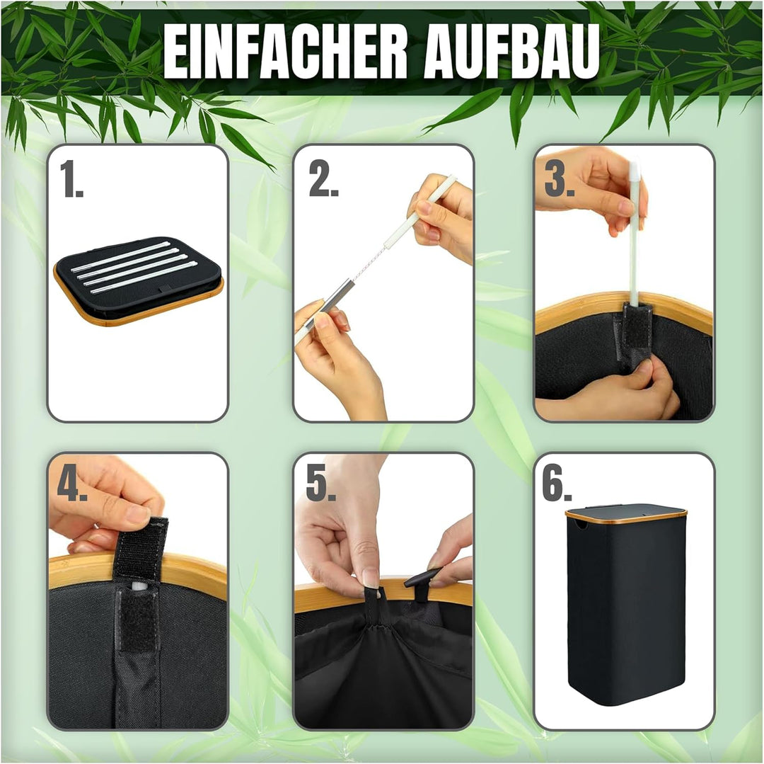 Wäschekorb mit Deckel 100l, Wäschesammler, Wäschebox, Wäschetonne, hoher Wäschekorb mit Bambusrahmen