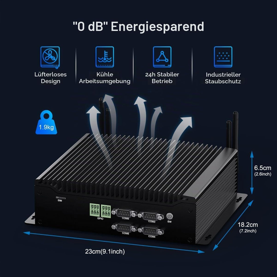 WEIDIAN Industrie PC, Mini PC Win 11 Pro Lüfterloser Core i7-10610U DDR4 8GB RAM 256GB M.2 SSD, 6 x