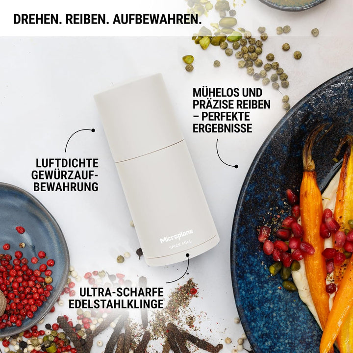 Microplane Gewürzmühle 2in1 – Kaschmir Beige | Manuelle Mühle mit rasiermesserscharfer Edelstahlklin