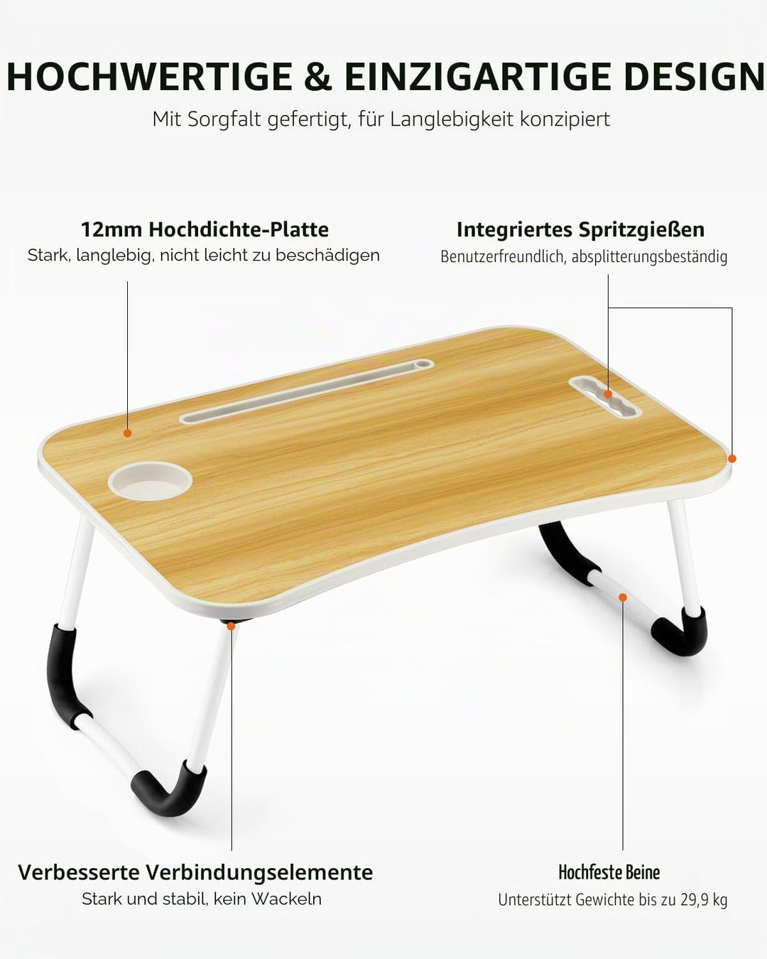 Faltbarer Laptoptisch, tragbarer Schossschreibtisch, Betttisch, Laptopständer mit Getränkehalter & T