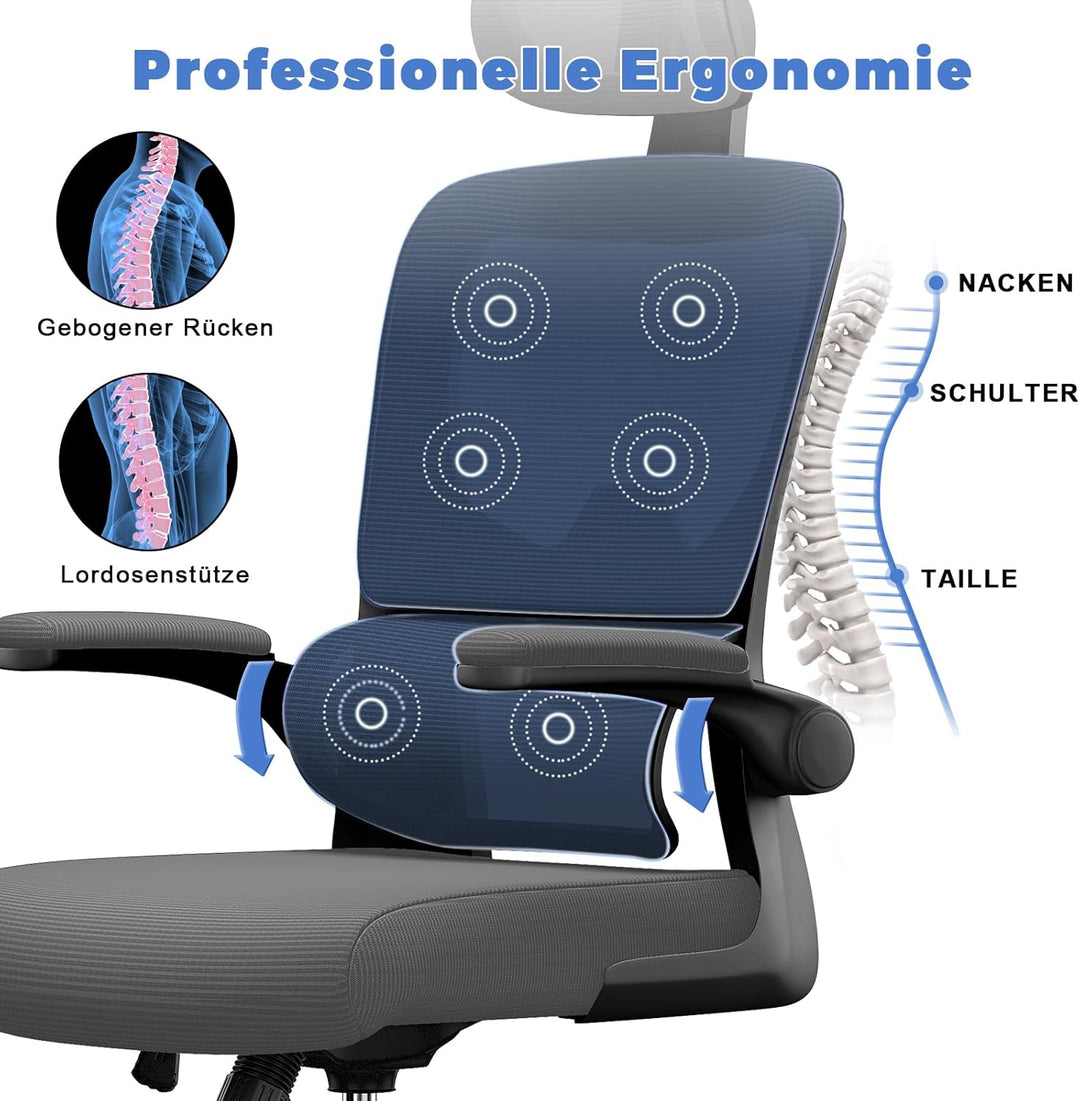 naspaluro Bürostuhl, Ergonomischer Schreibtischstuhl mit Verstellbarer Kopfstütze, Armlehnen, Dynami