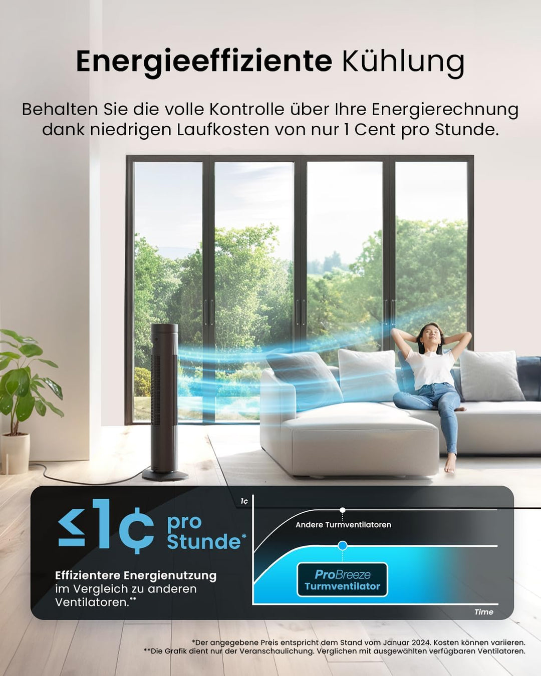 Pro Breeze Oszillierender Turmventilator - 76 cm Höhe, 70 Grad Oszillation, Säulenventilator mit 3 G