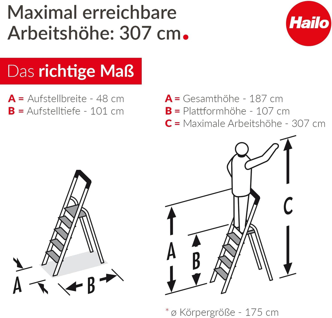 Hailo Stehleiter TopLine, 5 XXL-Sicherheits-Stufen bis 150kg, Aluminium Leiter mit ausziehbarem Halt