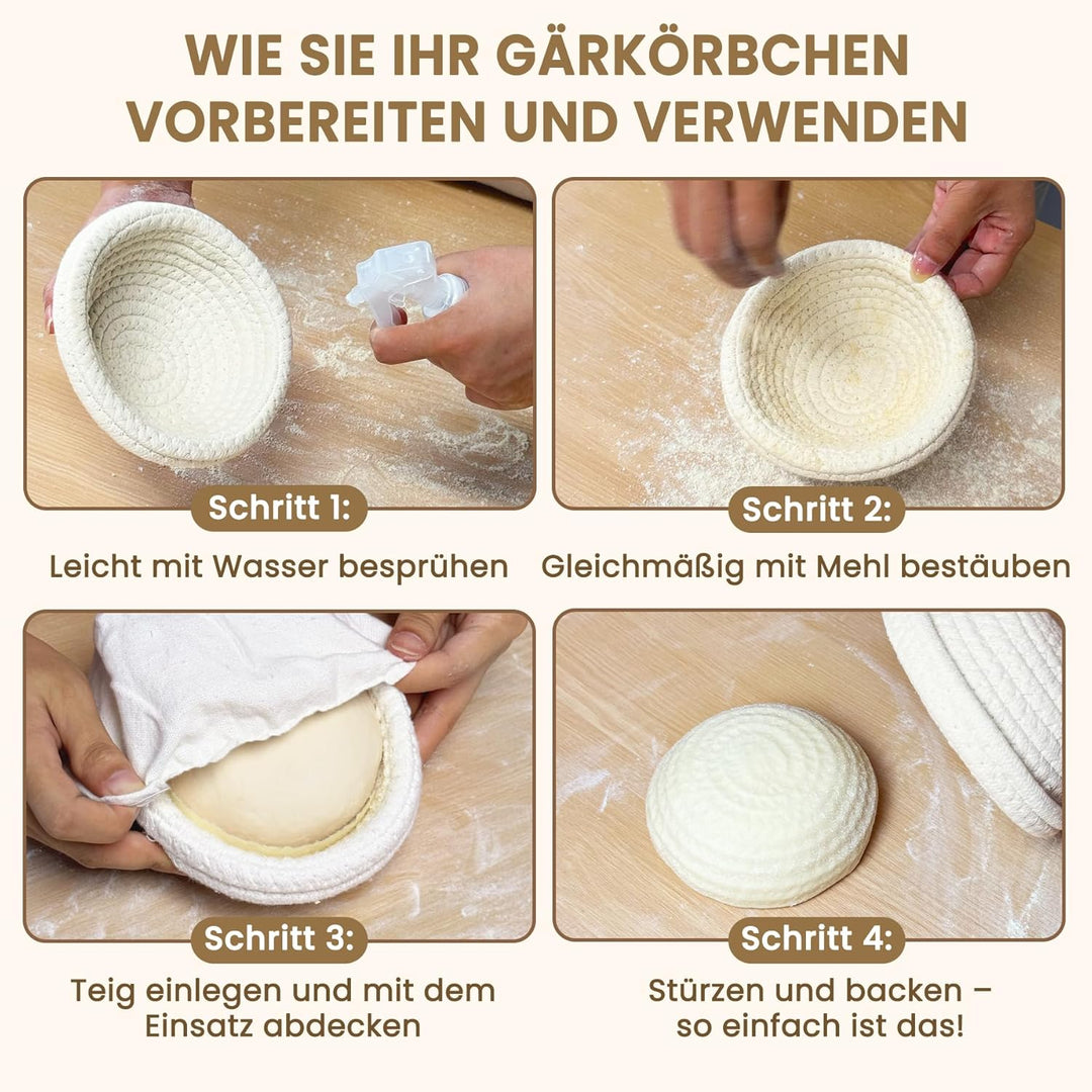 Mini-Gärkorb (14 cm, 6er-Set), Mini-Banneton-Korb aus natürlicher Baumwollkordel & Einlage, Sauertei