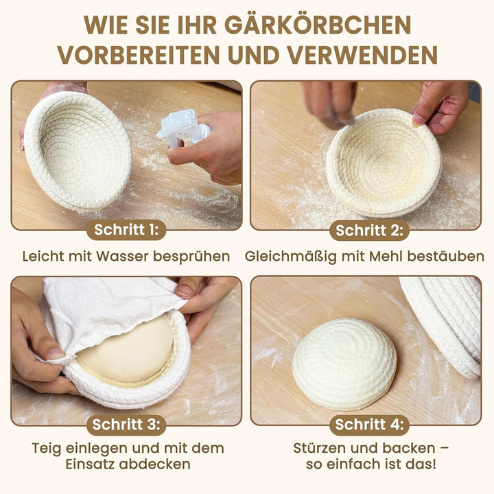 Mini-Gärkorb (14 cm, 6er-Set), Mini-Banneton-Korb aus natürlicher Baumwollkordel & Einlage, Sauertei