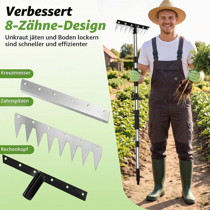Garten Rechen, Harke Garten aus Manganstahl, Unkrautstecher mit Langem Stiel 155cm, Unkrauthacke Ent