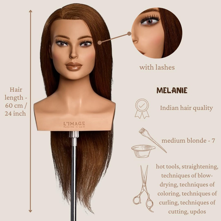 Melanie Frisierkopf - L'IMAGE - mit 60 cm Haarlänge, mit Wimpern