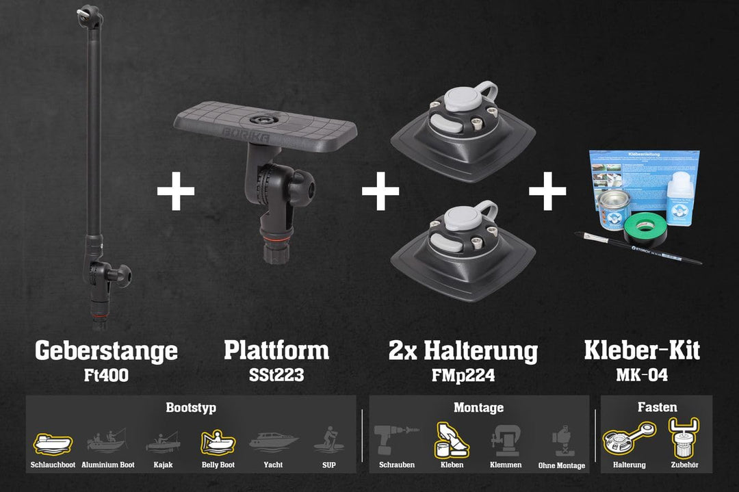 Set: Geberstange + Plattform + 2 x Halterung (164x68mm) + Kleber-Kit Bellyboote schwarz/alu-schwarz,