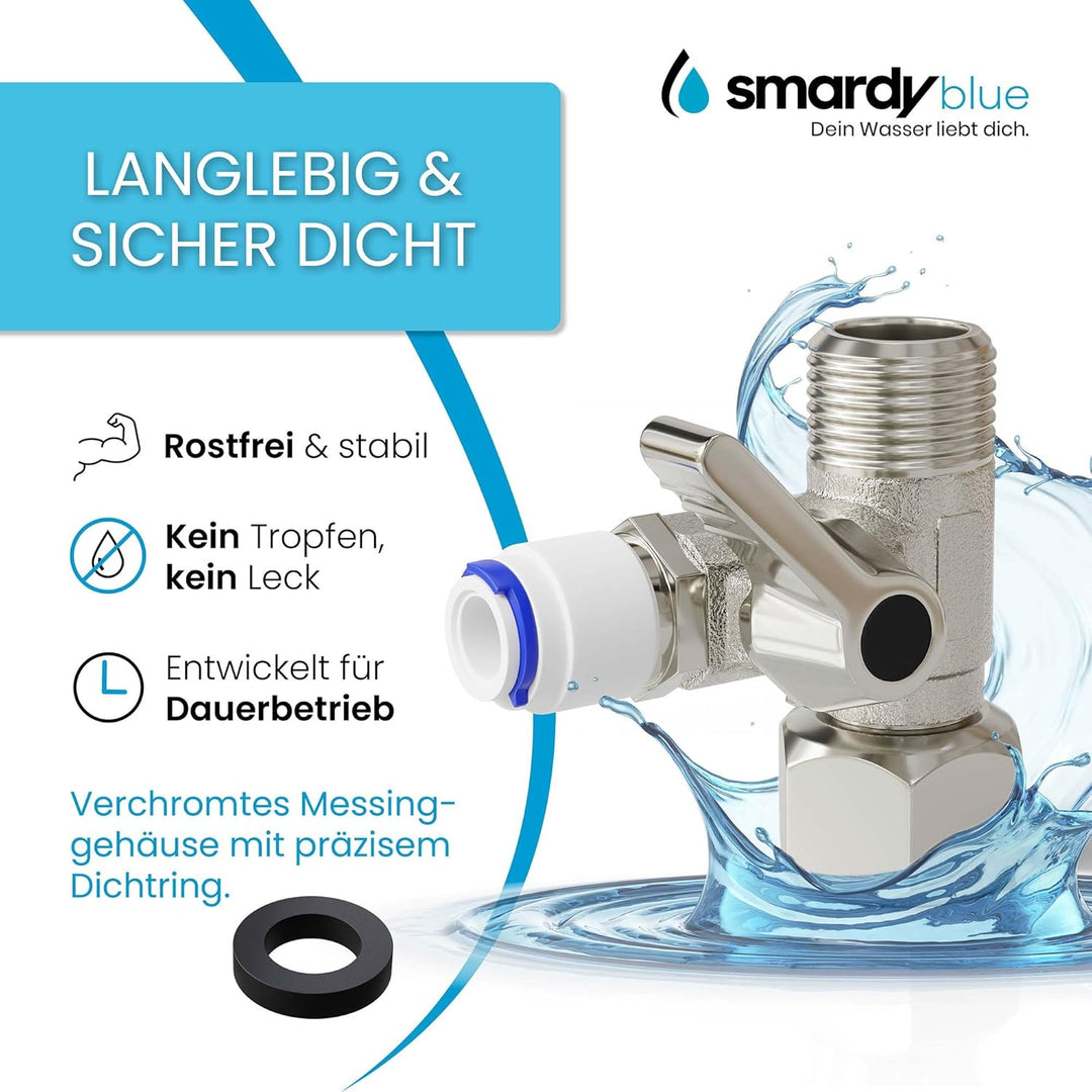 smardy V004 Absperrhahn 3/8 auf 1/4 Zoll T-Stück 3/8x3/8x1/4" Wasseranschluss Kühlschrank Quick-Adap