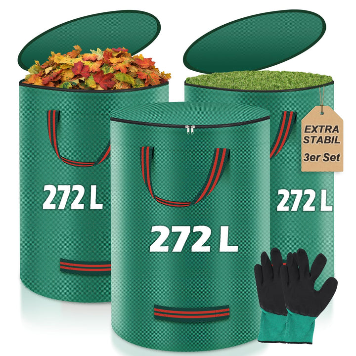 Miaglury 3X 272L Gartenabfallsack Stabil mit Deckel & inkl. Handschuhe - Gartensack Laubsack Gross,