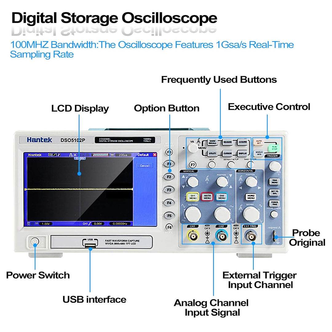 Hantek DSO5102P 100MHz 2-KANAL Digitales Oszilloskop 1GSa/s in Echtzeit Probe