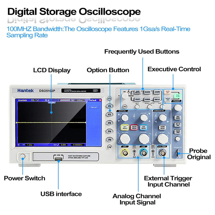 Hantek DSO5102P 100MHz 2-KANAL Digitales Oszilloskop 1GSa/s in Echtzeit Probe