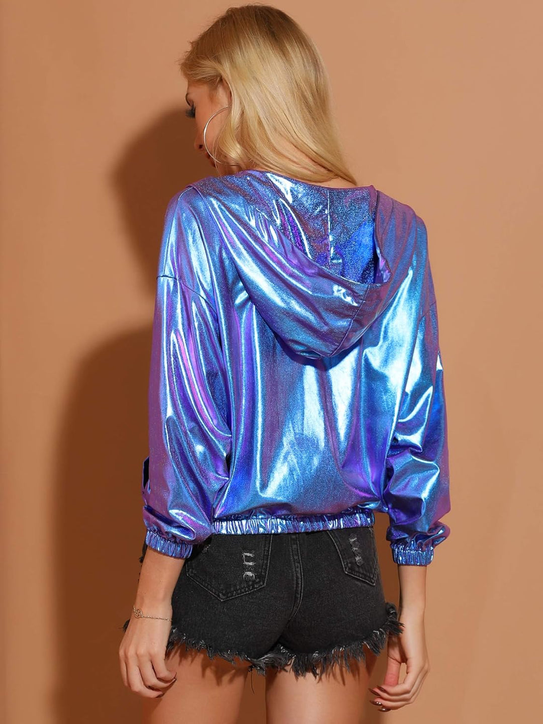 Allegra K Damen Bluson Langarm Metallic Jacke Holographic Party Reissverschluss Kapuzenjacke XS Blau