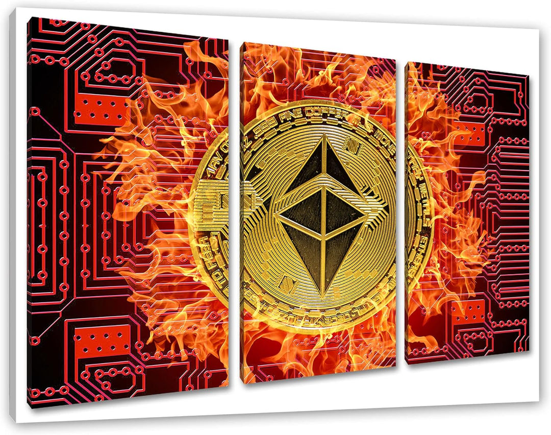 Bitcoin BTC mit Flammenals Leinwandbild 3 teilig | Grösse: 120x80 cm | Wandbild | Kunstdruck | ferti