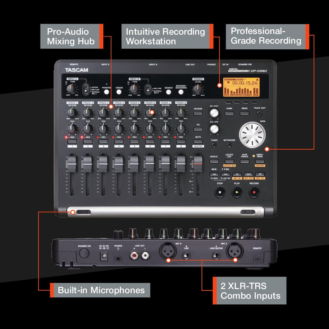TASCAM DP-03SD - Digitales 8-Spur-Portastudio, Aufnahme/ Wiedergabe mit 44,1 kHz und 16 Bit mittels