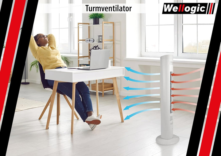 Turmventilator 91 cm sehr leise – Standventilator mit Fernbedienung, 7,5h Timer, 3 Geschwindigkeitss