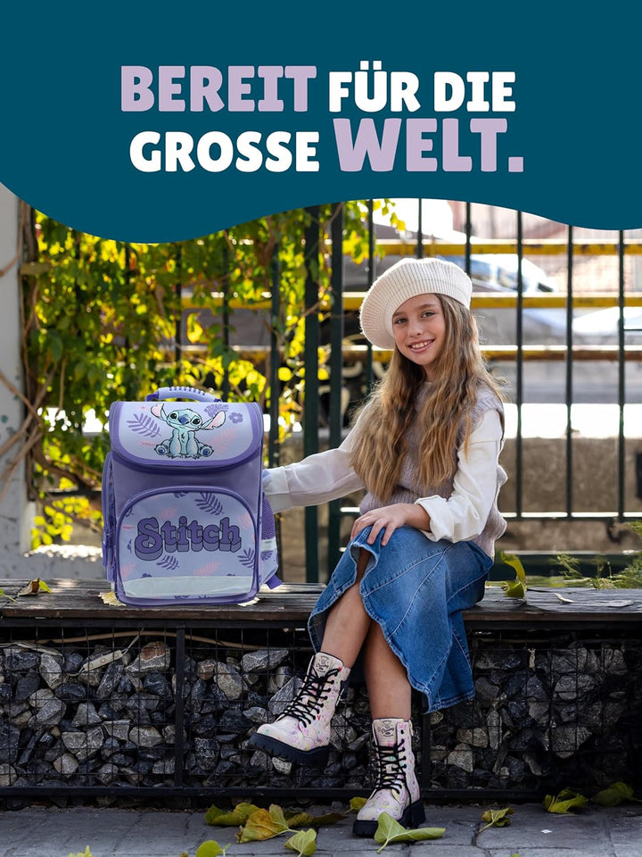 Familando - Schulranzen Set - 9-teilig mit Lunch-Set - Disneys Lilo und Stitch - Ergonomisch, stabil